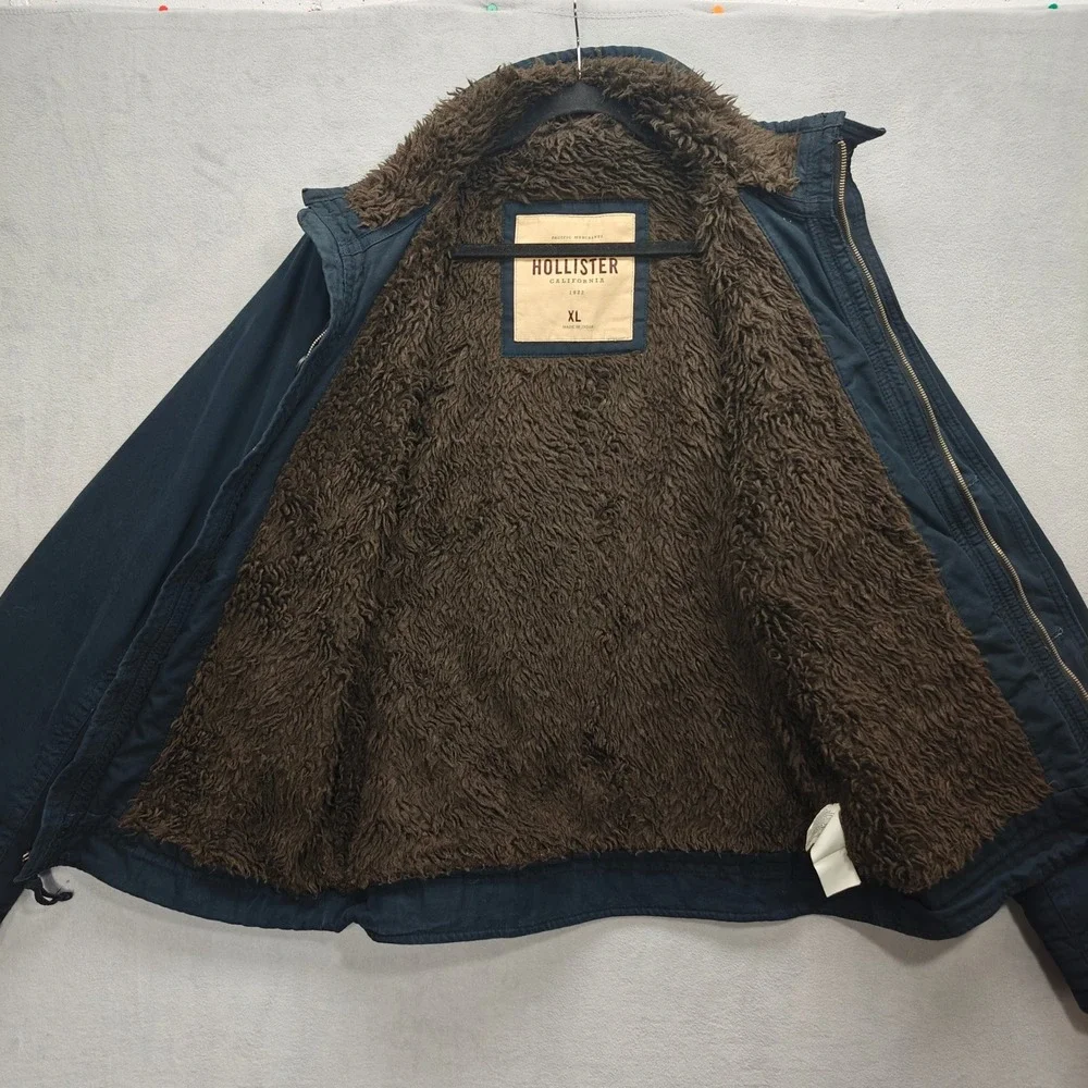 Y2K Hollister Military Jacket Mens XL Blue Sherpa Lined Full Zip Utility Heavy